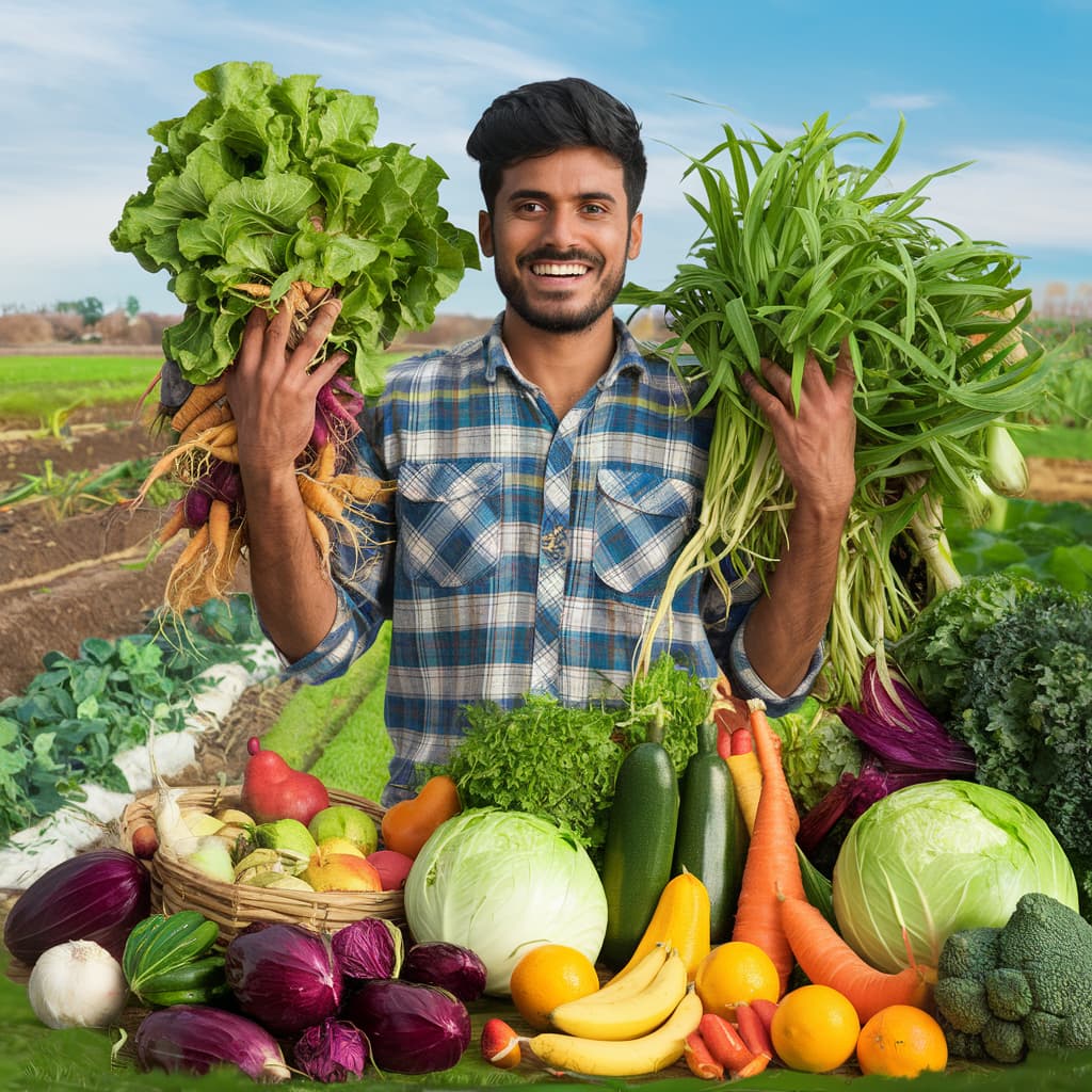 Happy farmer with organic crops